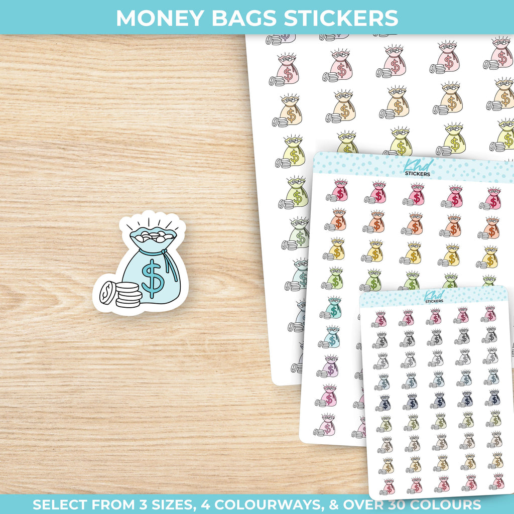 Money Bags Stickers, Three Sizes including tiny, Removable