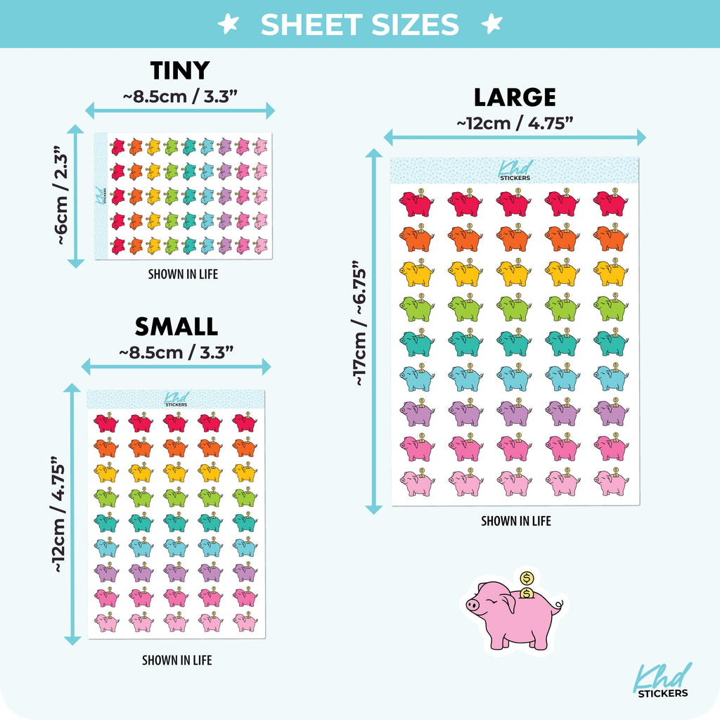 Piggy Bank Planner Stickers, Three Sizes including tiny, Removable