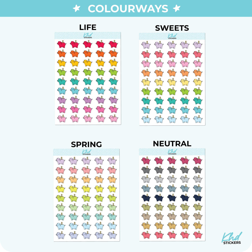 Piggy Bank Planner Stickers, Three Sizes including tiny, Removable