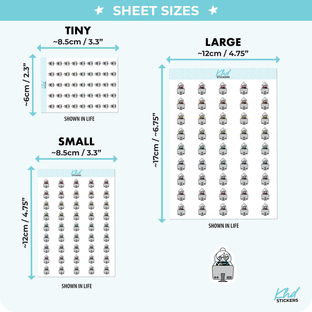 Planner Girl Leona at her computer, Planner Stickers, 3 sizes including tiny, Removable