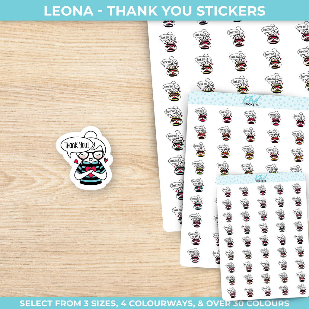 Planner Girl Leona Thank You, Planner Stickers, 3 sizes including tiny, Removable