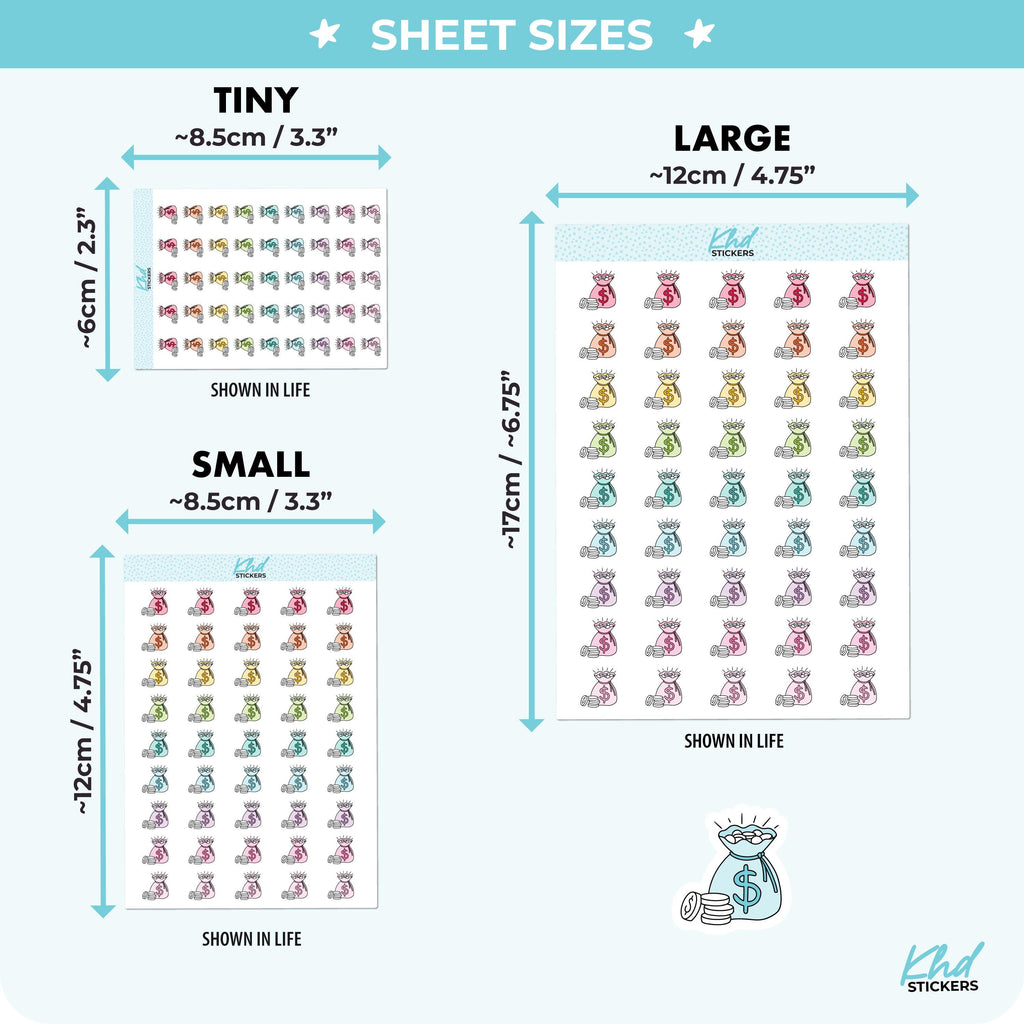 Money Bags Stickers, Three Sizes including tiny, Removable