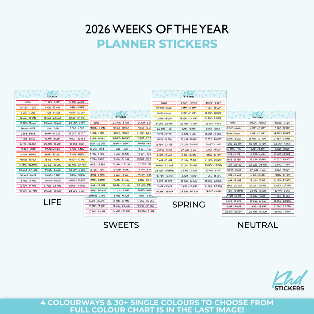 2025 or 2026 Weekly Dated Stickers, Week Starts Monday