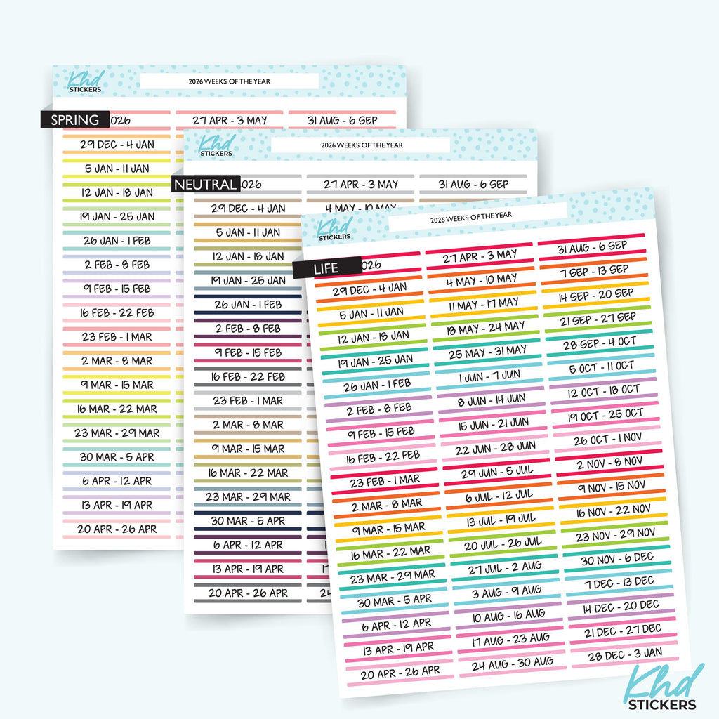 2025 or 2026 Weekly Dated Stickers, Week Starts Monday