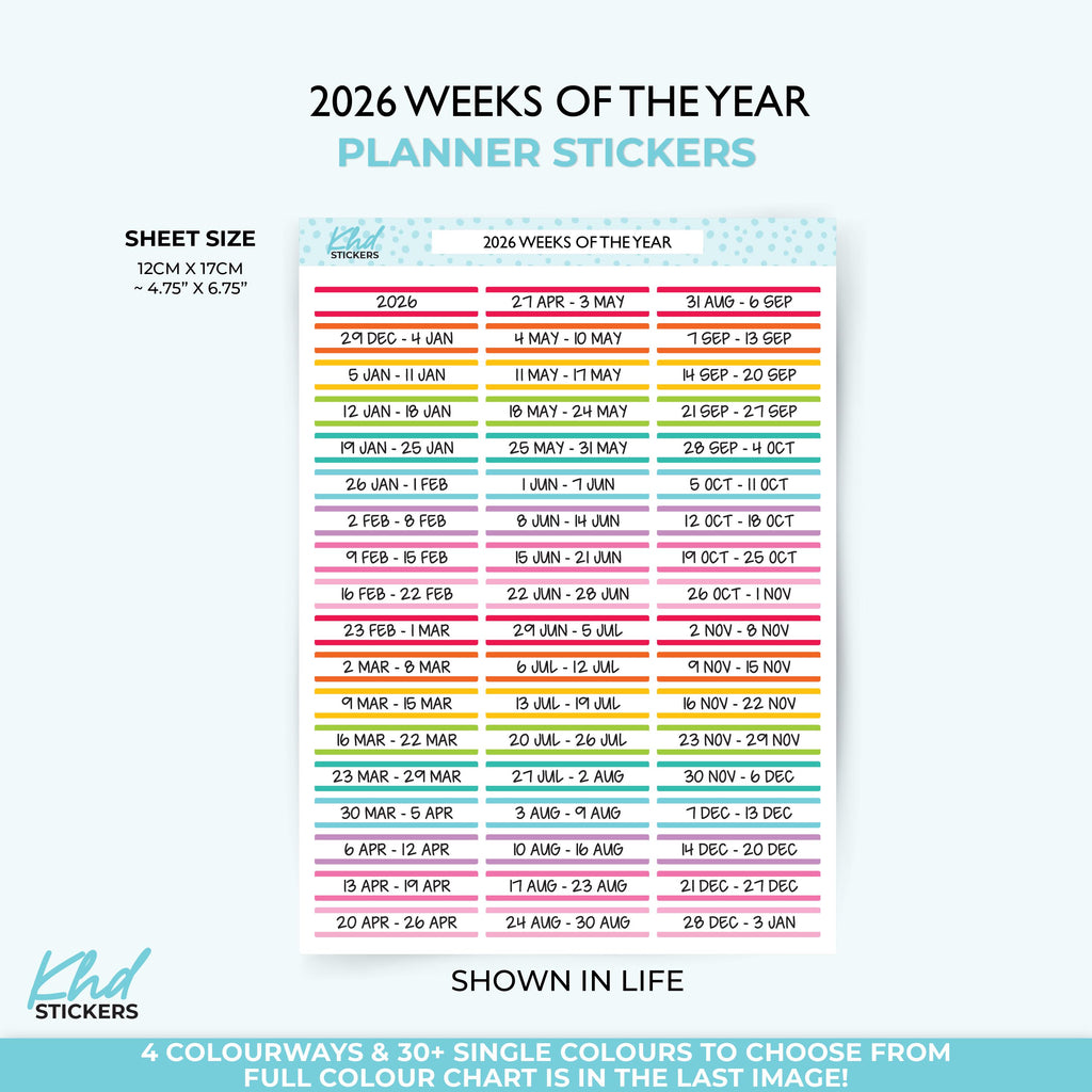 2025 or 2026 Weekly Dated Stickers, Week Starts Monday