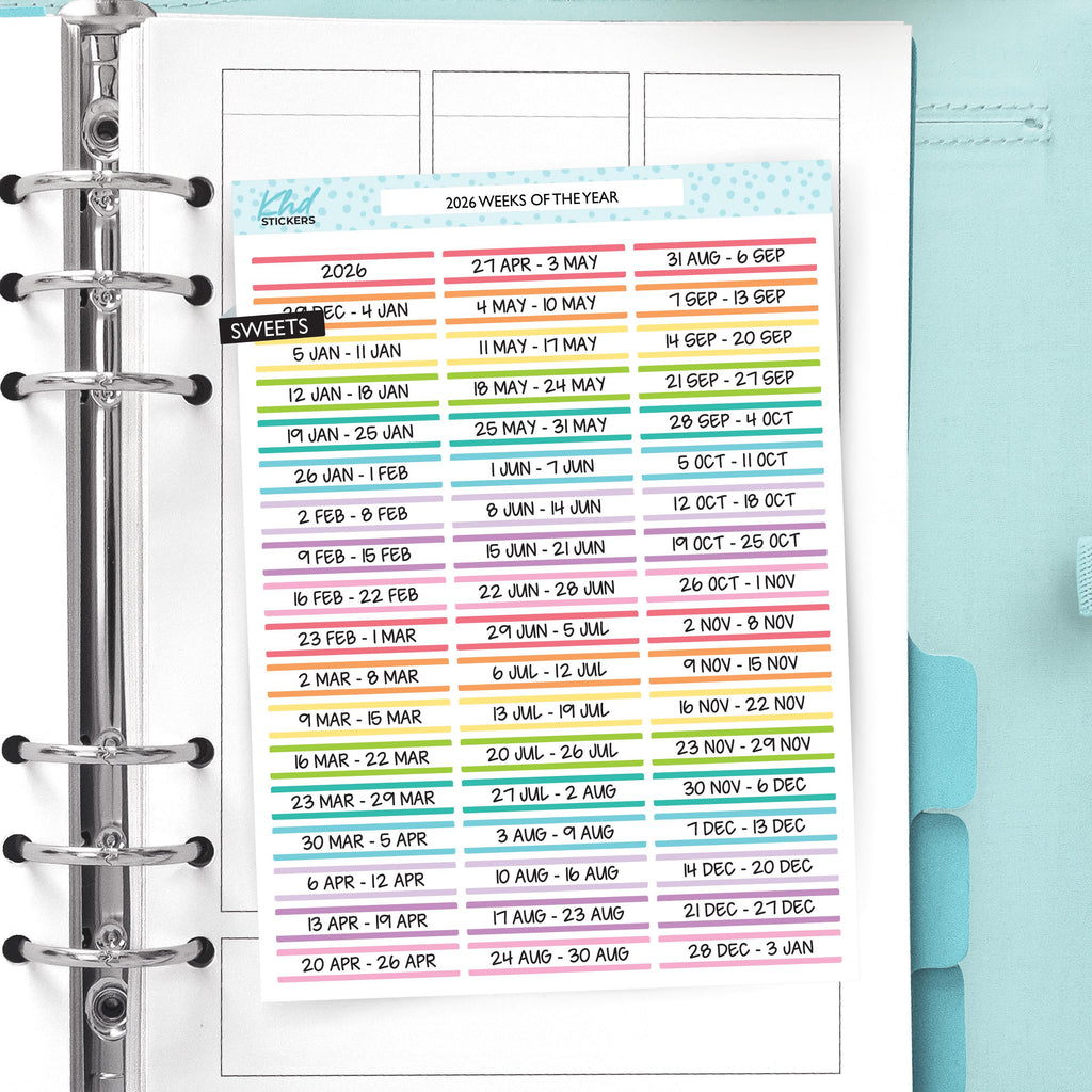 2025 or 2026 Weekly Dated Stickers, Week Starts Monday