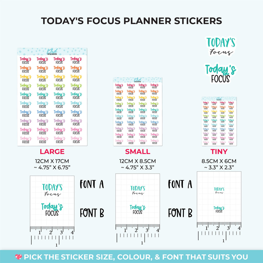 Today's Focus Script Planner Stickers, Three Sizes including tiny, Removable