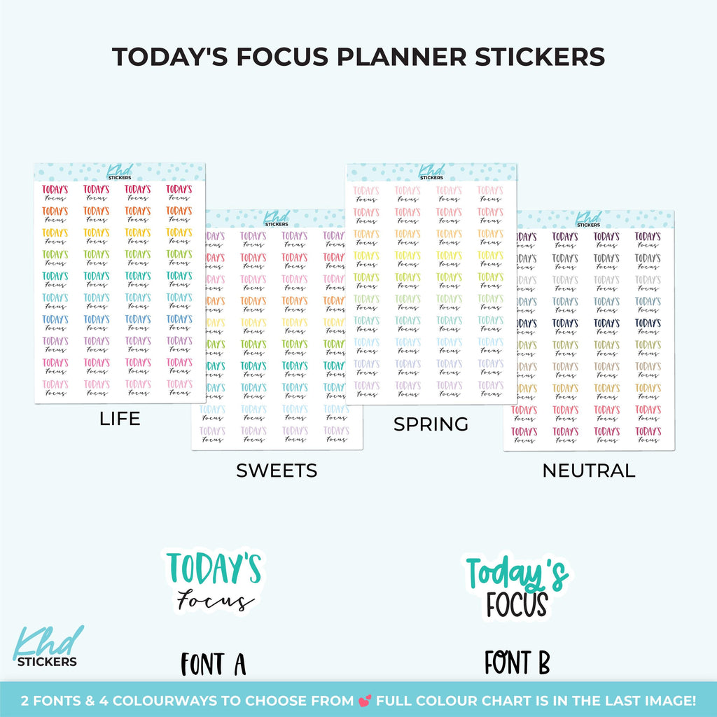 Today's Focus Script Planner Stickers, Three Sizes including tiny, Removable