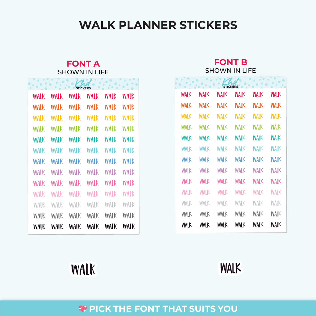 Walk Planner Stickers, Select from 2 fonts & 3 sizes, Script Planner Stickers, removable