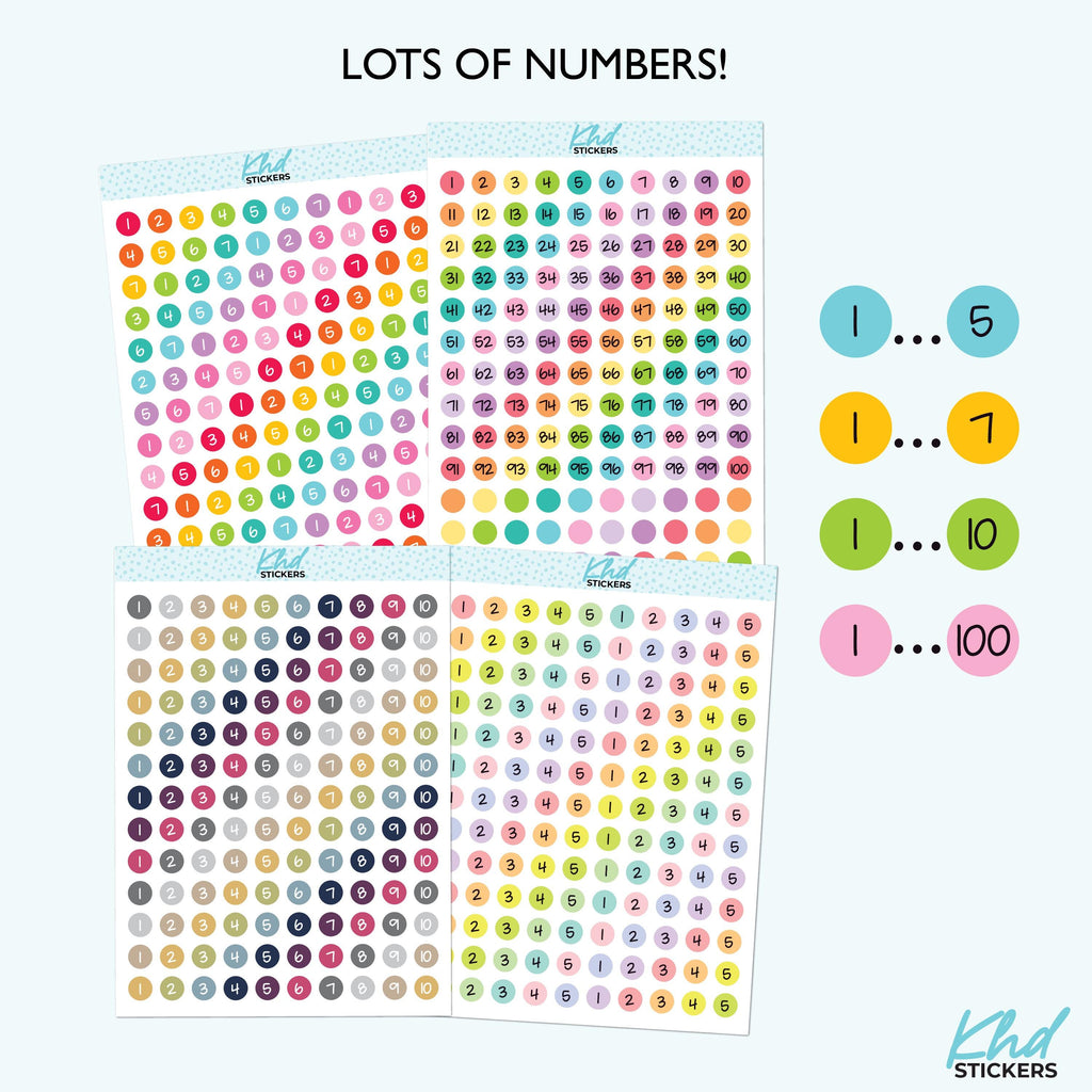 Lots of Numbers – 1 to 5, 1 to 7, 1 to 10, and 1 to 100 , Planner Stickers, Removable