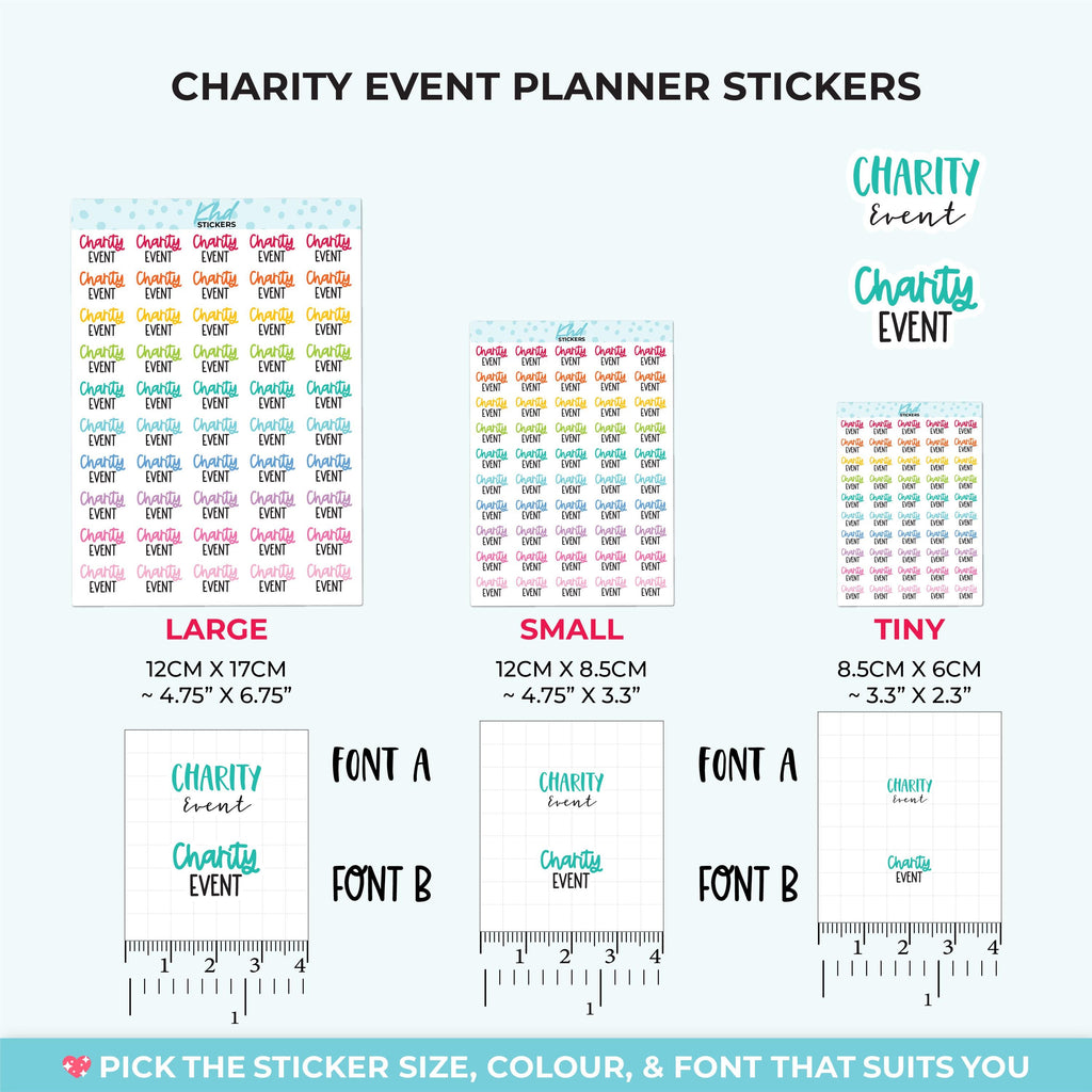 Charity Event Planner Stickers, Three Sizes including tiny, Removable