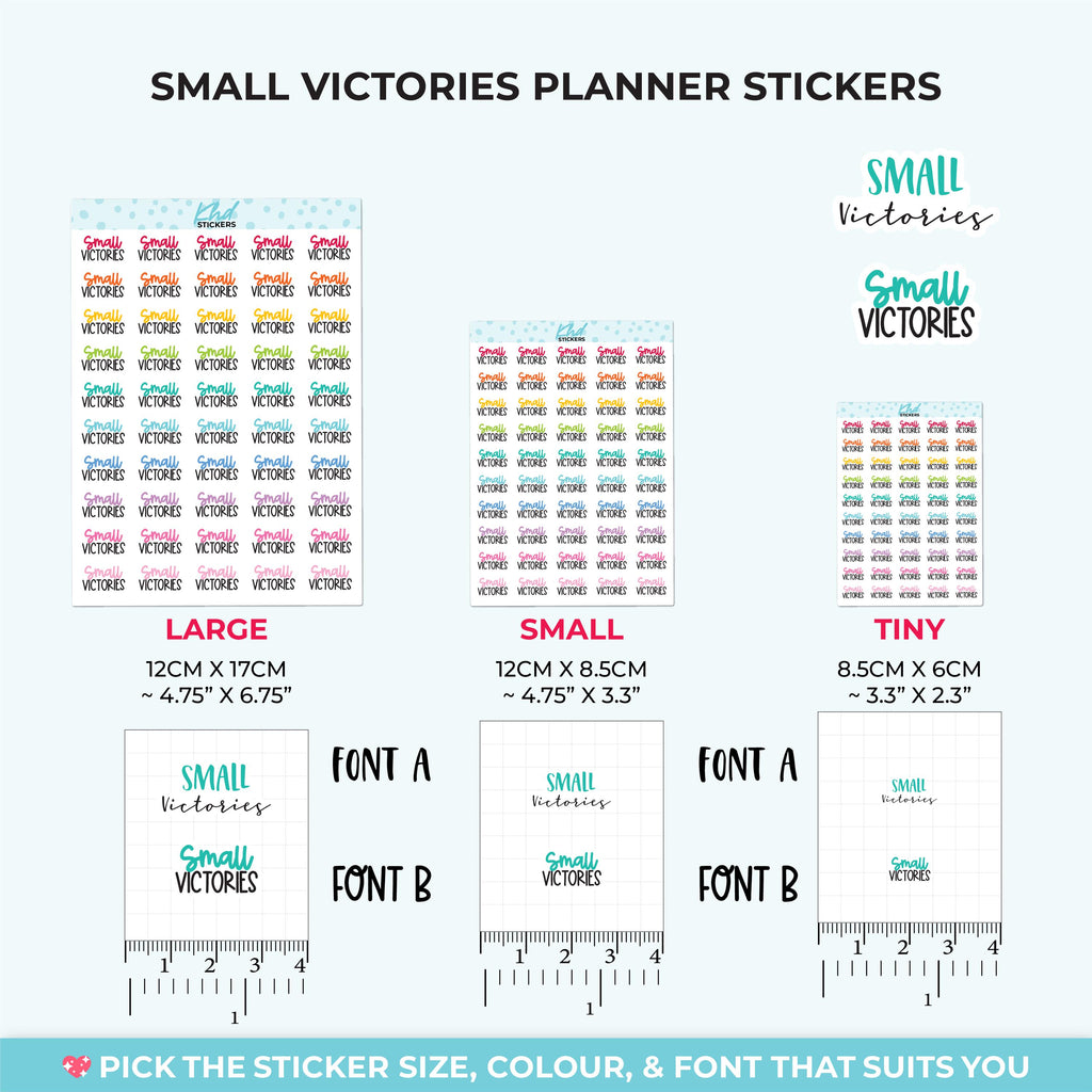 Small Victories Script Planner Stickers, Three Sizes including tiny, Removable