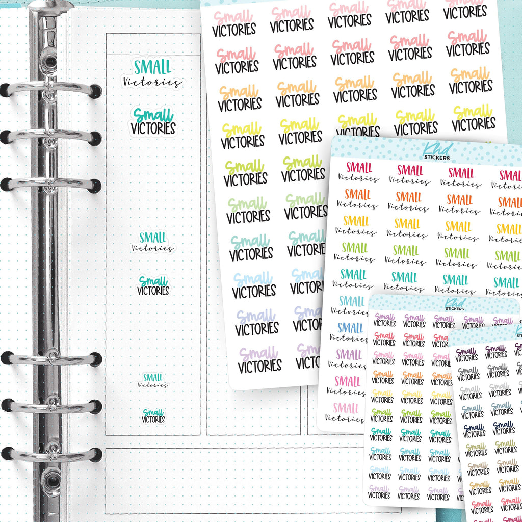 Small Victories Script Planner Stickers, Three Sizes including tiny, Removable