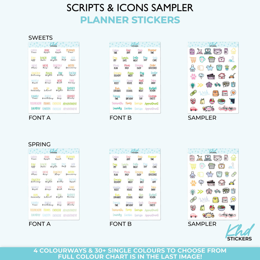 Scripts & Icon Sampler Planner Stickers, Two Fonts, Three Sizes including tiny, Removable