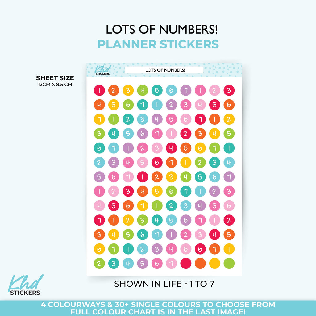 Lots of Numbers – 1 to 5, 1 to 7, 1 to 10, and 1 to 100 , Planner Stickers, Removable