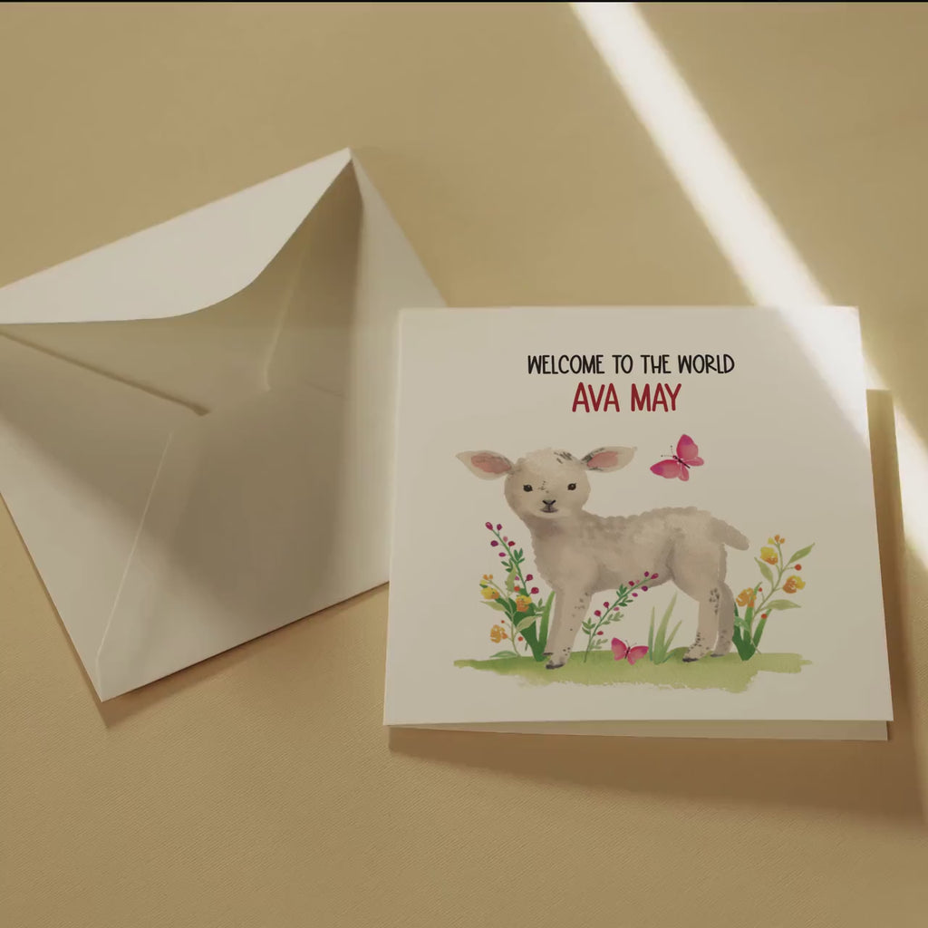 Personalised Welcome To The World, New Baby Greeting Card, Customised. Baby Lamb