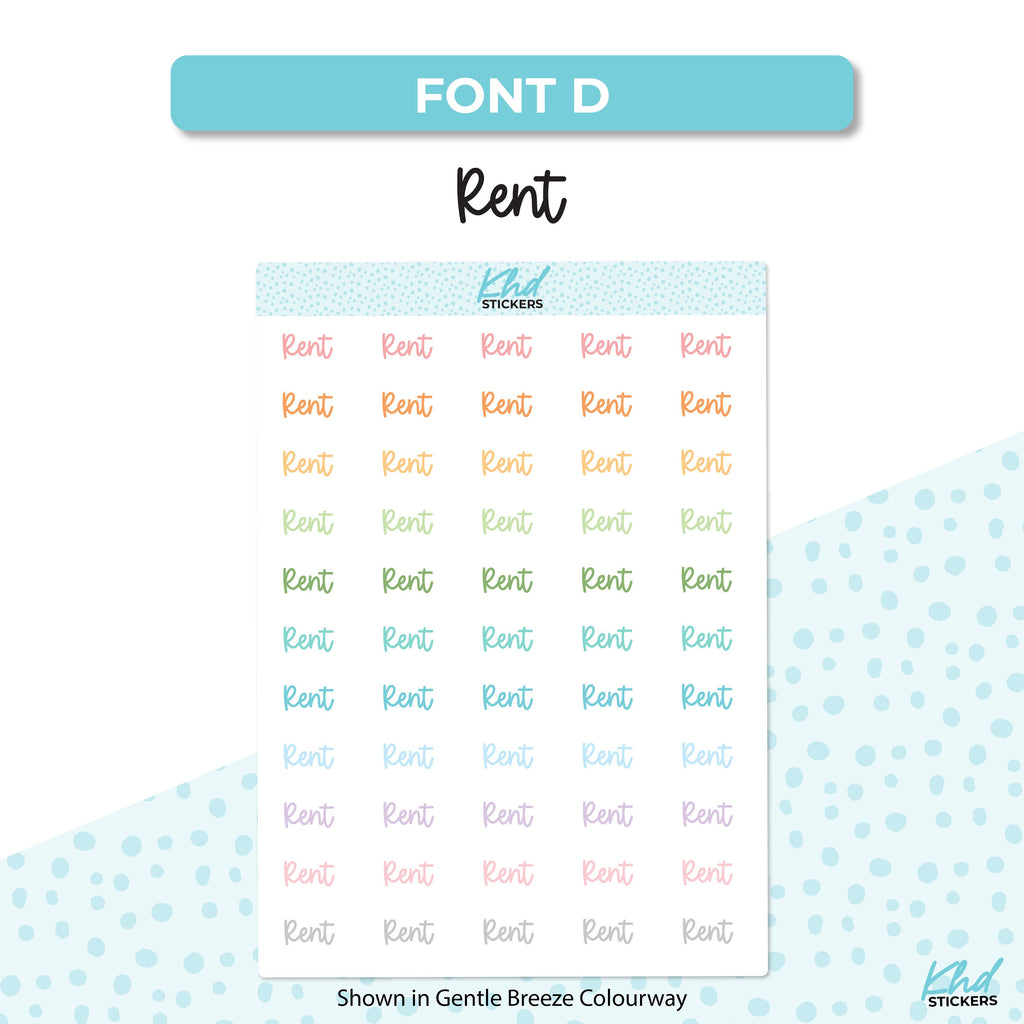 Rent Stickers, Planner Stickers, Select from 6 fonts & 2 sizes, Removable