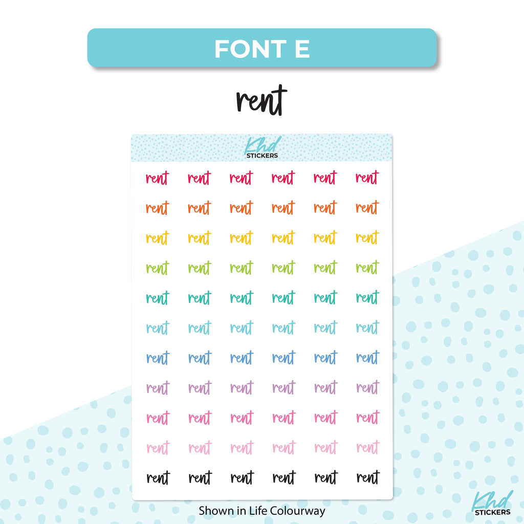 Rent Stickers, Planner Stickers, Select from 6 fonts & 2 sizes, Removable