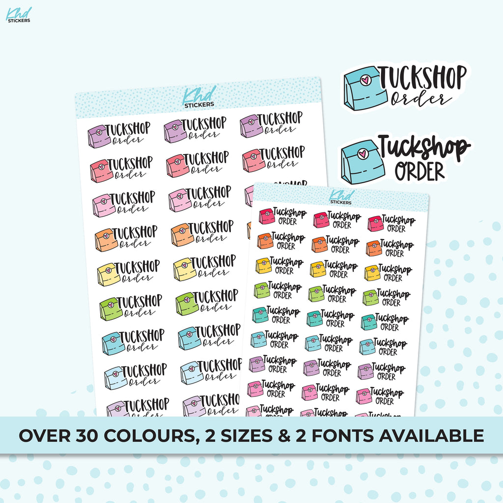 Tuckshop Order Planner Stickers, Two sizes and font options, Over 30 colours, Removable
