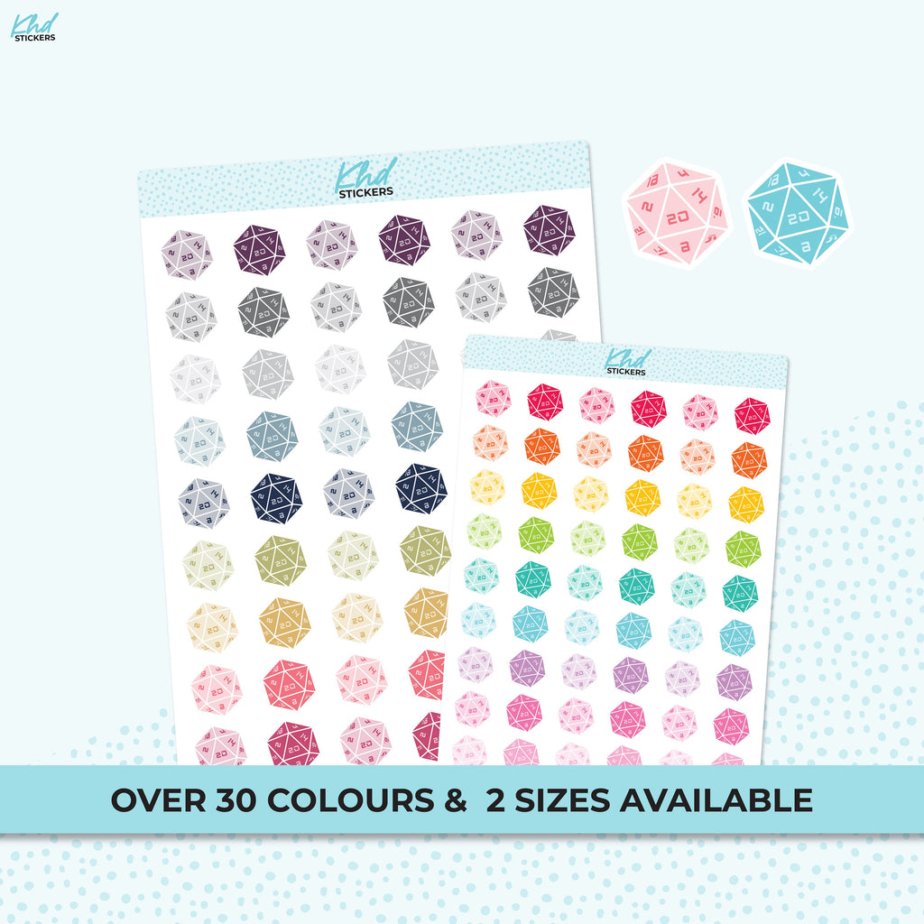 D20 20 Sided Dice Stickers, Planner Stickers, 2 sizes and over 30 colours, Removable