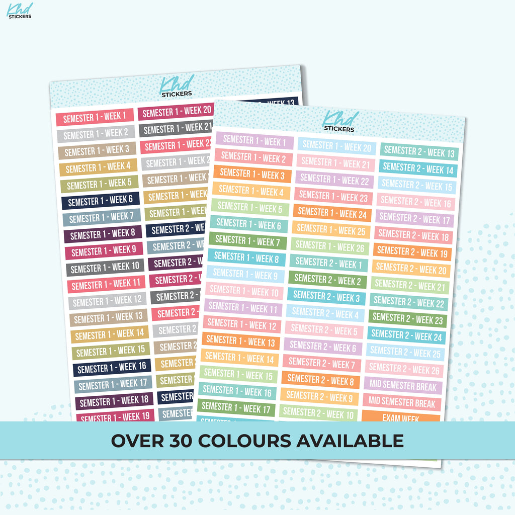 Semester 1 to 2, 26 weeks each, Planner Stickers, Removable