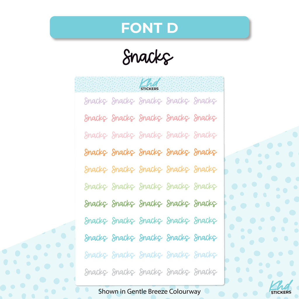 Snacks Stickers, Planner Stickers, Select from 6 fonts & 2 sizes, Removable