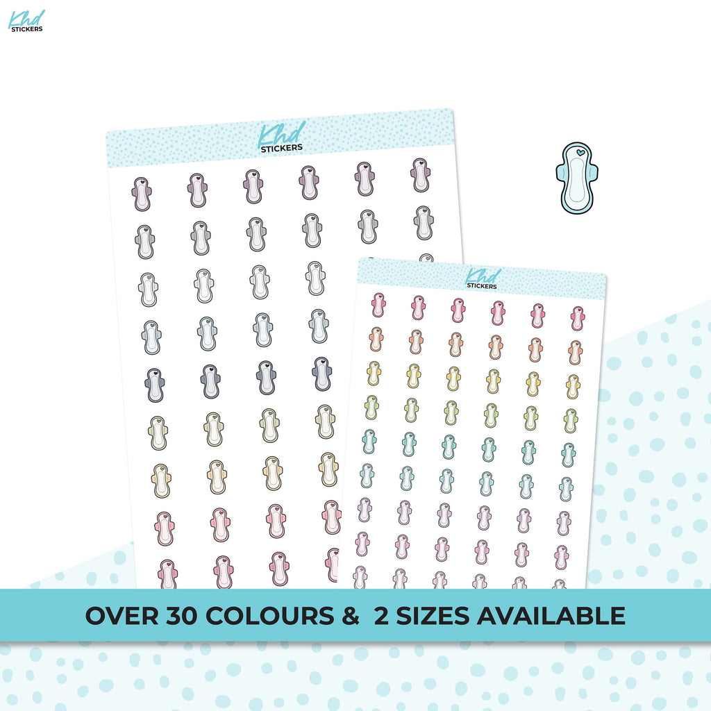 Sanitary Pad Period Stickers, Planner StickersTwo Sizes and over 30 colour selections, Removable