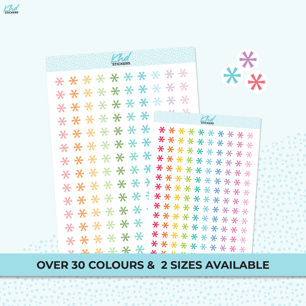 Asterisk Dot Stickers, Planner Stickers, 2 sizes and over 30 colours, Removable