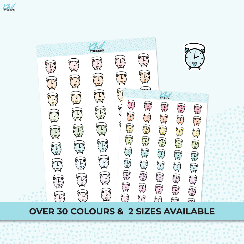 Alarm Clock Icon Stickers, Planner Stickers, Two Sizes and over 30 colour selections, Removable