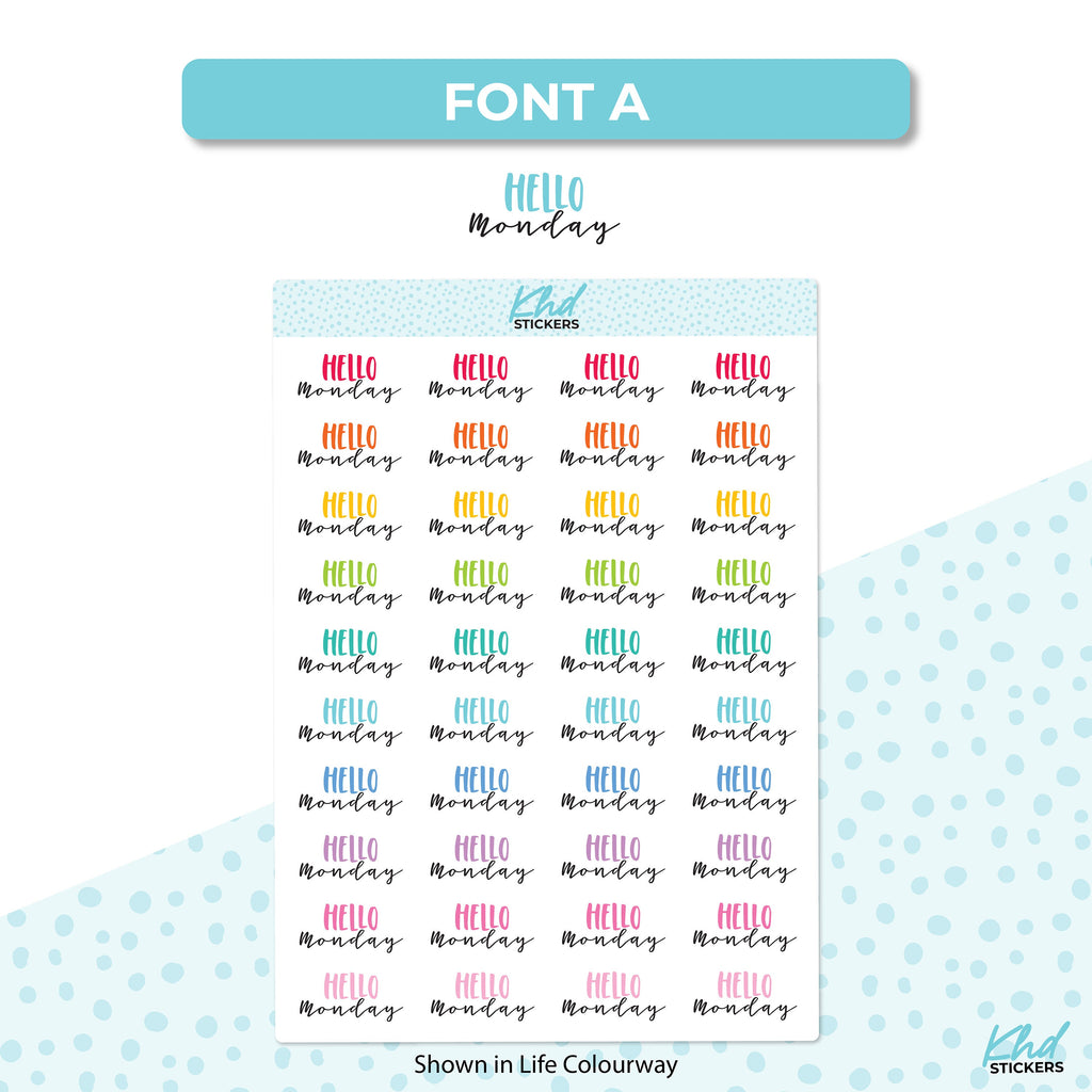 Hello Monday Script Stickers, Planner Stickers, Two Sizes and Font Options, Removable