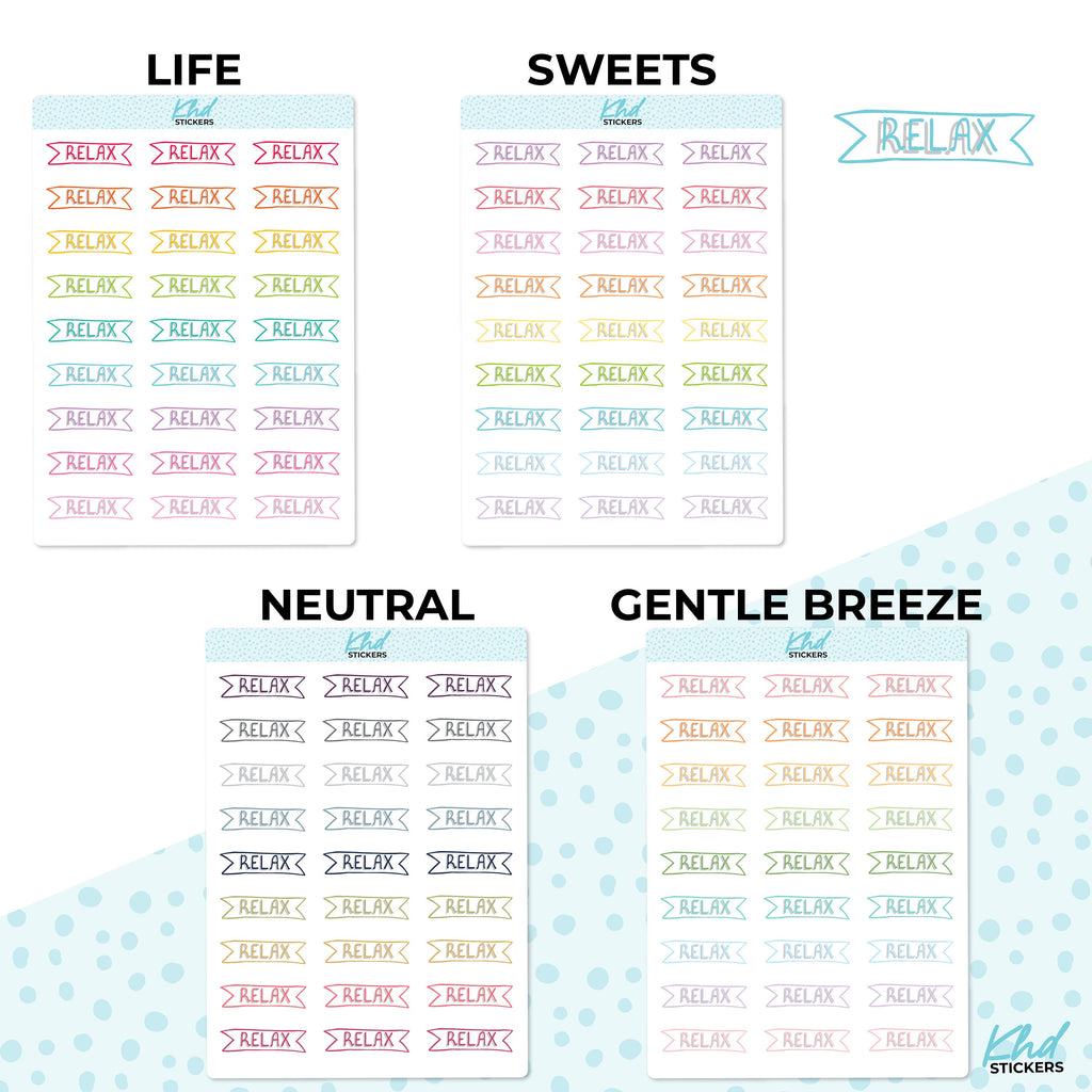 Relax Banner Stickers, Planner Stickers, Two Sizes, Removable