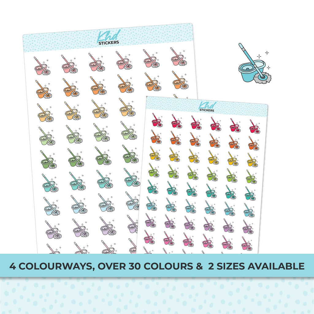 Cute Mop and Bucket Housework Stickers, Planner Stickers, Two sizes and over 30 colour options, removable