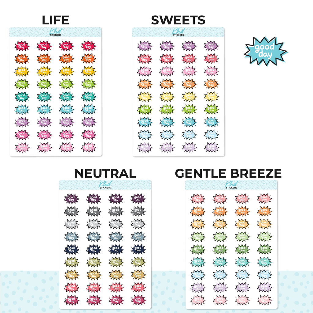 Good Day Stickers, Planner Stickers, Two sizes and over 30 colour options, removable