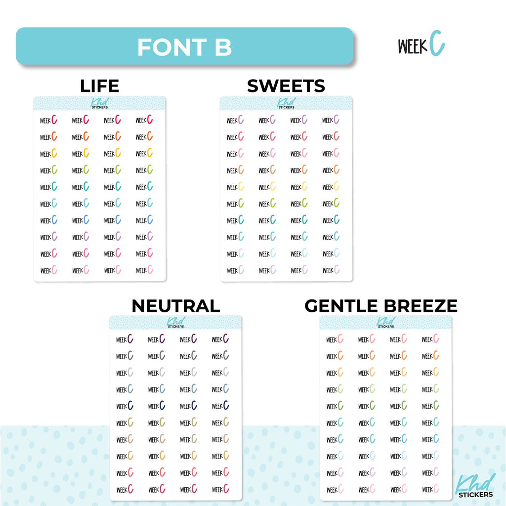 Week C Stickers, Planner Stickers, Scripts, Two Sizes, Two fonts choices, removable