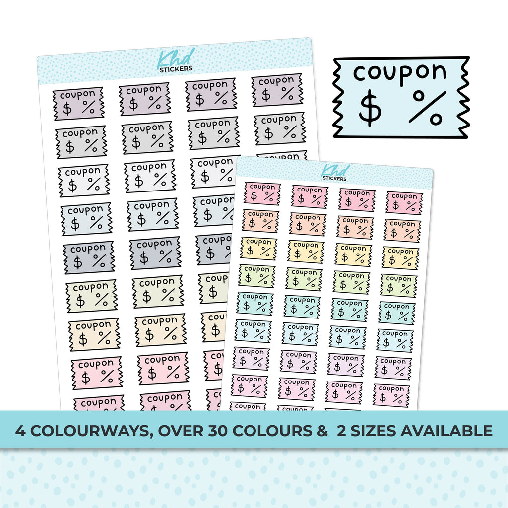 Coupon Stickers, Planner Stickers, 2 sizes and over 30 colours, Removable